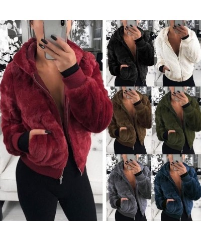 Womens Fashion Winter Short Faux Shaggy Fur Hooded Jacket Zip Up Long Sleeve Cropped Sherpa Jacket with Pockets Fall Red $14....