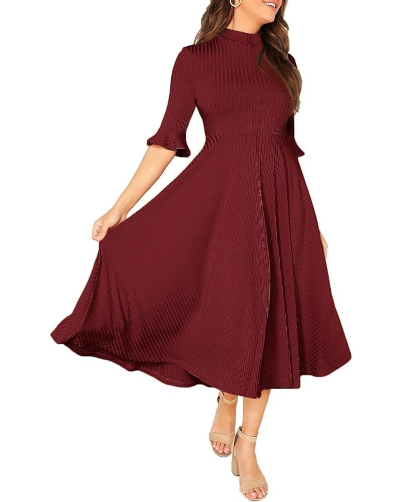 Women's Elegant Ribbed Knit Bell Sleeve Fit and Flare Midi Dress Wine Red $21.32 Dresses