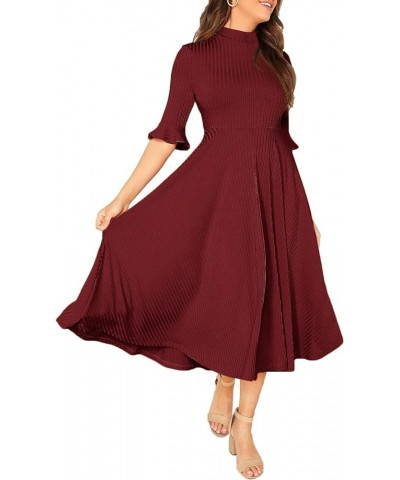 Women's Elegant Ribbed Knit Bell Sleeve Fit and Flare Midi Dress Wine Red $21.32 Dresses