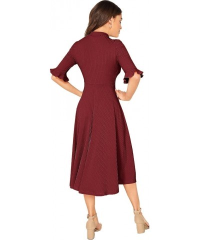 Women's Elegant Ribbed Knit Bell Sleeve Fit and Flare Midi Dress Wine Red $21.32 Dresses