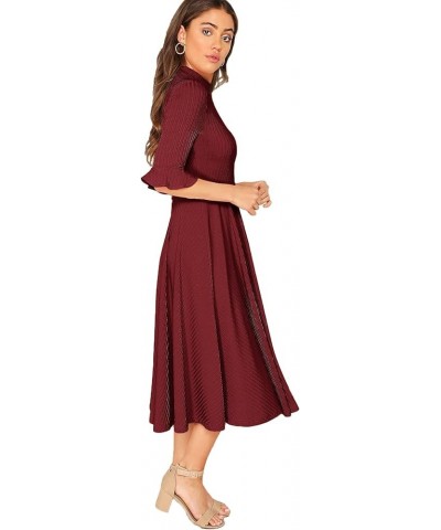 Women's Elegant Ribbed Knit Bell Sleeve Fit and Flare Midi Dress Wine Red $21.32 Dresses