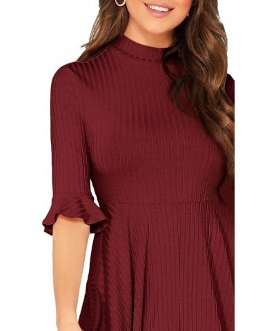 Women's Elegant Ribbed Knit Bell Sleeve Fit and Flare Midi Dress Wine Red $21.32 Dresses