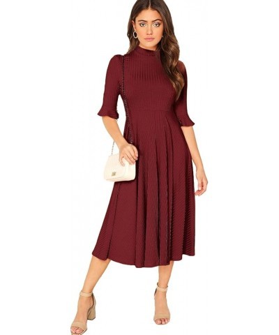 Women's Elegant Ribbed Knit Bell Sleeve Fit and Flare Midi Dress Wine Red $21.32 Dresses