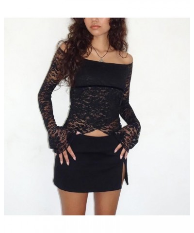 Lace Trim Two Piece Outfit for Women Long Sleeve Crop Tops Short Mini Skirt Y2k 2 Piece Skirt Sets Beach Wear E-black Five $1...