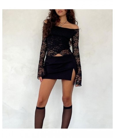 Lace Trim Two Piece Outfit for Women Long Sleeve Crop Tops Short Mini Skirt Y2k 2 Piece Skirt Sets Beach Wear E-black Five $1...