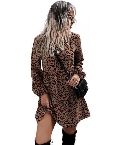 Women's Leopard Print Crewneck Long Sleeve A Line Short Dress Multicolor $20.29 Dresses