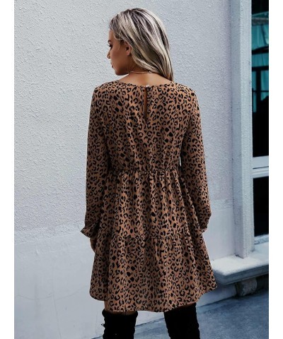 Women's Leopard Print Crewneck Long Sleeve A Line Short Dress Multicolor $20.29 Dresses