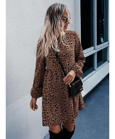 Women's Leopard Print Crewneck Long Sleeve A Line Short Dress Multicolor $20.29 Dresses