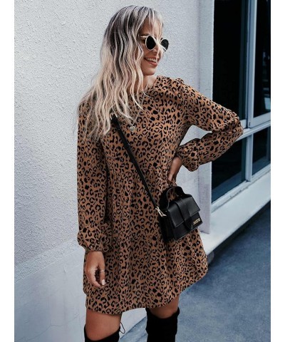 Women's Leopard Print Crewneck Long Sleeve A Line Short Dress Multicolor $20.29 Dresses