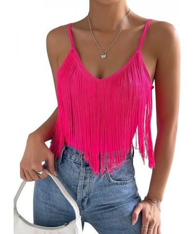 Women's Solid Spaghetti Strap Fringe Hem Camisole V Neck Boho Cami Crop Top Hot Pink $13.34 Tanks