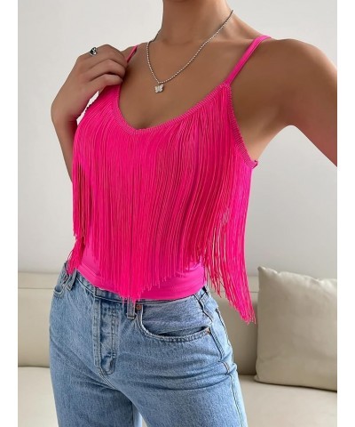 Women's Solid Spaghetti Strap Fringe Hem Camisole V Neck Boho Cami Crop Top Hot Pink $13.34 Tanks