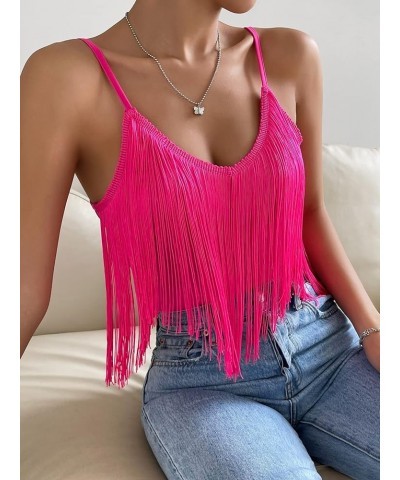 Women's Solid Spaghetti Strap Fringe Hem Camisole V Neck Boho Cami Crop Top Hot Pink $13.34 Tanks