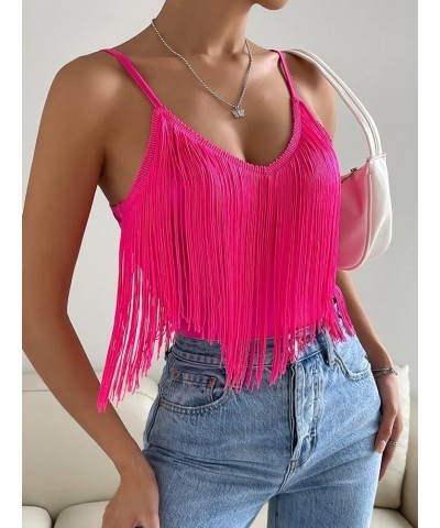 Women's Solid Spaghetti Strap Fringe Hem Camisole V Neck Boho Cami Crop Top Hot Pink $13.34 Tanks