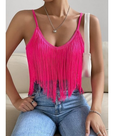 Women's Solid Spaghetti Strap Fringe Hem Camisole V Neck Boho Cami Crop Top Hot Pink $13.34 Tanks