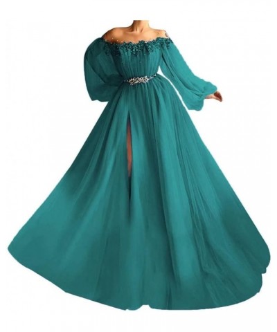 Woman's Off Shoulder A Line Prom Dress Vintage Beading Puffy Tulle Sleeve Formal Evening Gown with High Slit Teal $38.06 Dresses