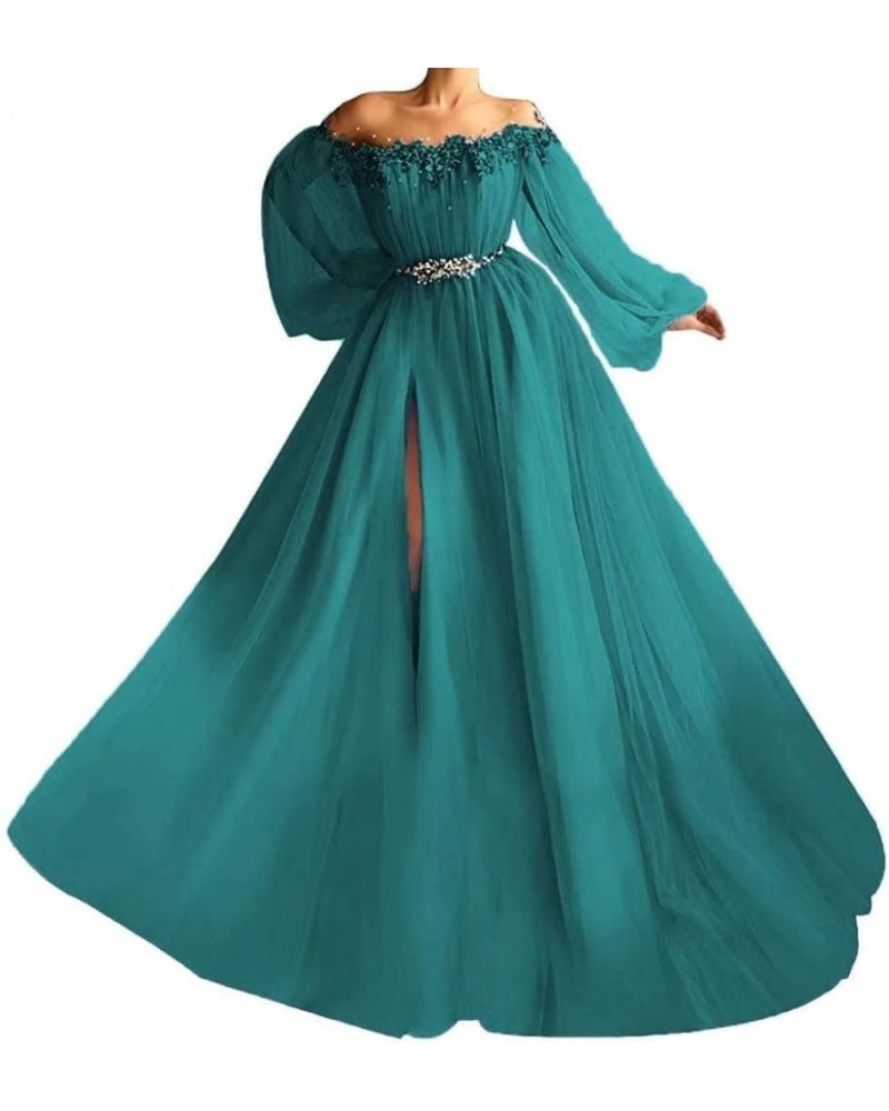 Woman's Off Shoulder A Line Prom Dress Vintage Beading Puffy Tulle Sleeve Formal Evening Gown with High Slit Teal $38.06 Dresses