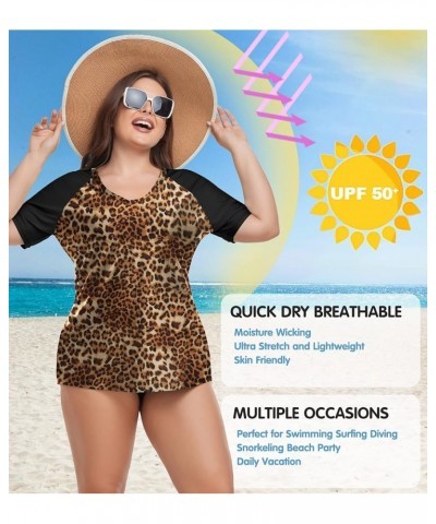 Plus Size Rash Guard Shirt for Women Short Sleeve Swimingsuit Top UV UPF 50+ Sun Protection Summer Swim Shirts Leopard Print ...