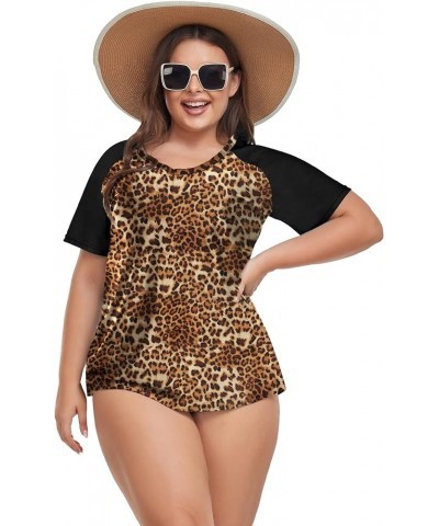 Plus Size Rash Guard Shirt for Women Short Sleeve Swimingsuit Top UV UPF 50+ Sun Protection Summer Swim Shirts Leopard Print ...