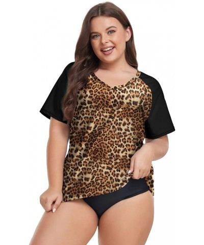 Plus Size Rash Guard Shirt for Women Short Sleeve Swimingsuit Top UV UPF 50+ Sun Protection Summer Swim Shirts Leopard Print ...