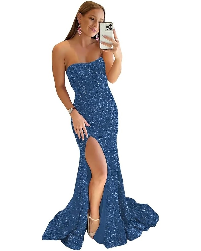 One Shoulder Prom Dresses for Teens Sequin Slit Evening Gowns Long Formal Party Dresses SE204 B-steel Blue $31.97 Dresses