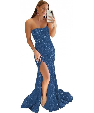 One Shoulder Prom Dresses for Teens Sequin Slit Evening Gowns Long Formal Party Dresses SE204 B-steel Blue $31.97 Dresses