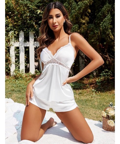 Womens Pajama Sets Satin Sleepwear Silk Lace Lingerie Cami Shorts Set B White $11.70 Sleep & Lounge