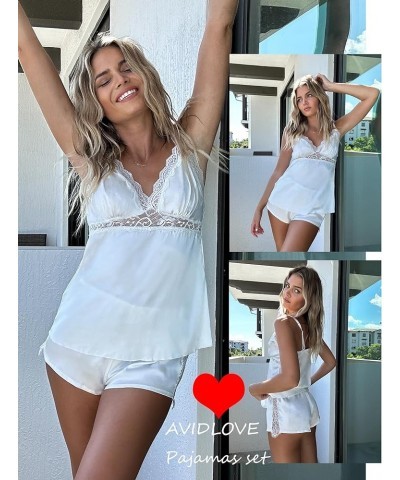 Womens Pajama Sets Satin Sleepwear Silk Lace Lingerie Cami Shorts Set B White $11.70 Sleep & Lounge