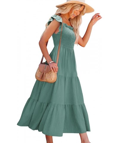 Women Summer Ruffled Off Shoulder Maxi Dress Smocked Floral Printed Casual Dress with Pockets E17 Teal $29.63 Dresses