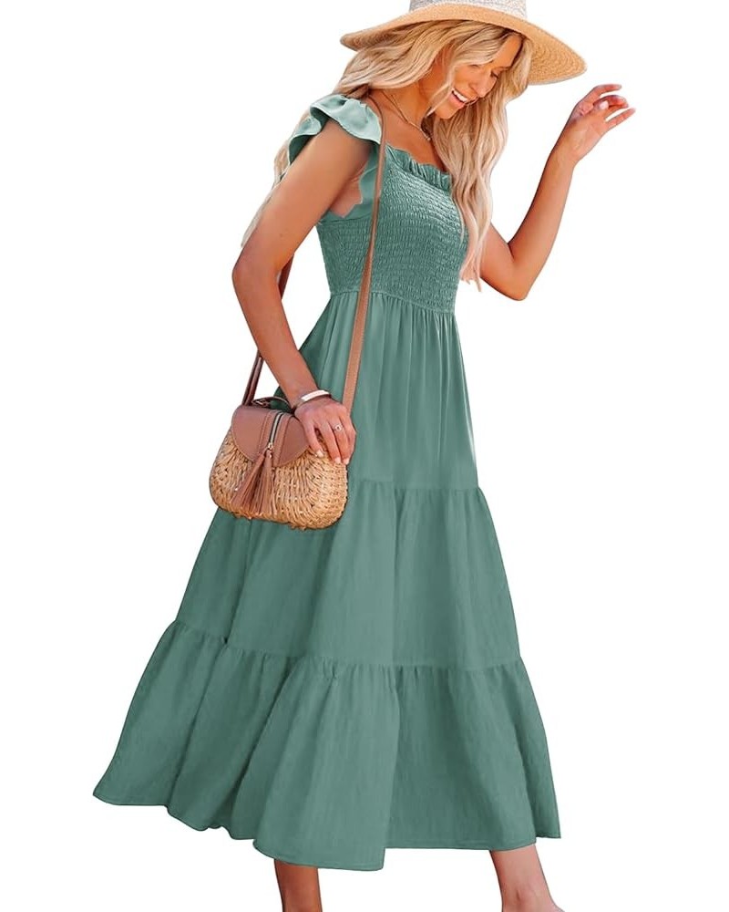 Women Summer Ruffled Off Shoulder Maxi Dress Smocked Floral Printed Casual Dress with Pockets E17 Teal $29.63 Dresses