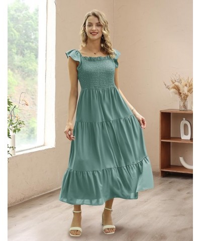 Women Summer Ruffled Off Shoulder Maxi Dress Smocked Floral Printed Casual Dress with Pockets E17 Teal $29.63 Dresses