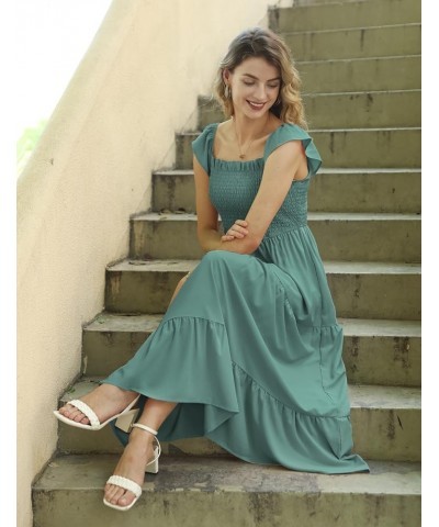 Women Summer Ruffled Off Shoulder Maxi Dress Smocked Floral Printed Casual Dress with Pockets E17 Teal $29.63 Dresses