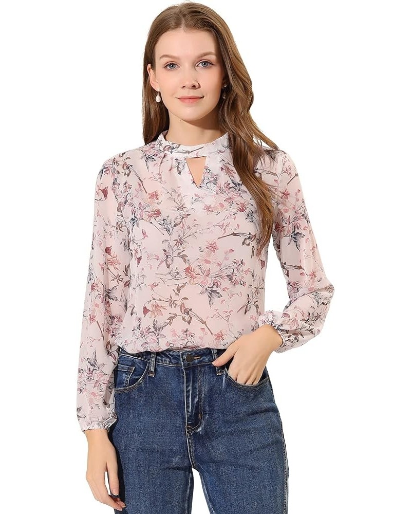 Women's Floral Keyhole Blouse Stand Collar Semi-Sheer Chiffon Work Tops White $11.99 Blouses