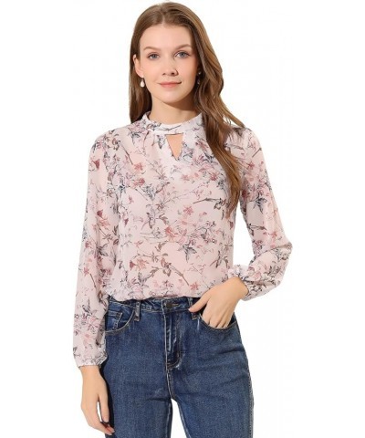 Women's Floral Keyhole Blouse Stand Collar Semi-Sheer Chiffon Work Tops White $11.99 Blouses