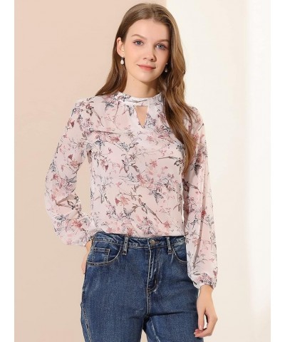 Women's Floral Keyhole Blouse Stand Collar Semi-Sheer Chiffon Work Tops White $11.99 Blouses