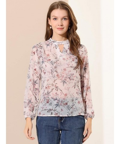 Women's Floral Keyhole Blouse Stand Collar Semi-Sheer Chiffon Work Tops White $11.99 Blouses