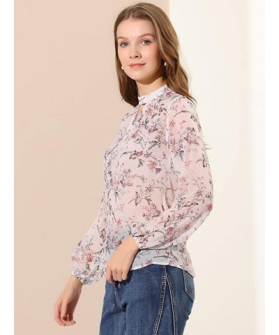 Women's Floral Keyhole Blouse Stand Collar Semi-Sheer Chiffon Work Tops White $11.99 Blouses