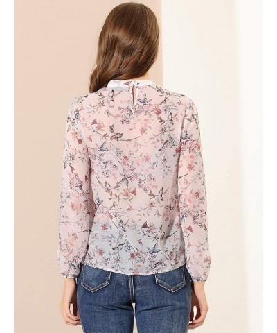 Women's Floral Keyhole Blouse Stand Collar Semi-Sheer Chiffon Work Tops White $11.99 Blouses