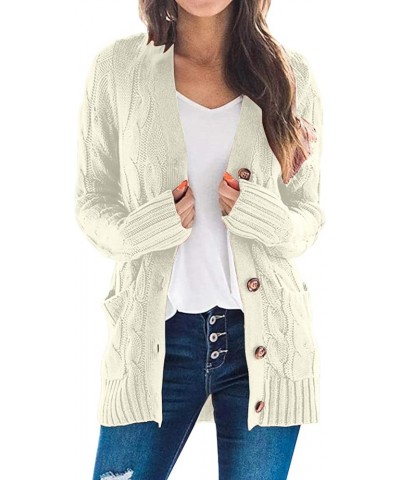 Women Button Down Knit Cardigan Solid Long Sleeve Sweater Open Front Jacket With Pocket Fall Winter Chunky Warm Coat Beige $2...