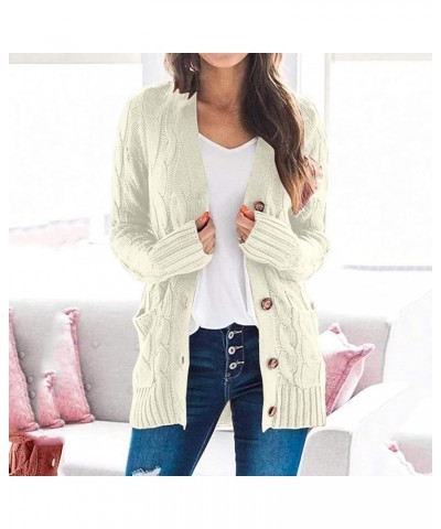 Women Button Down Knit Cardigan Solid Long Sleeve Sweater Open Front Jacket With Pocket Fall Winter Chunky Warm Coat Beige $2...