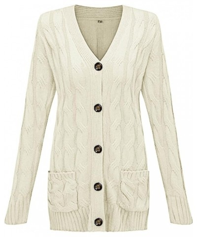 Women Button Down Knit Cardigan Solid Long Sleeve Sweater Open Front Jacket With Pocket Fall Winter Chunky Warm Coat Beige $2...