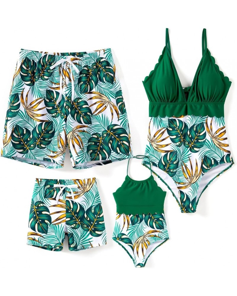 Mommy and Me Matching Swimsuit One Piece Leaves Printed V Neck Bathing Suits Family Swimwear Matching Set Girl Emerald Green ...