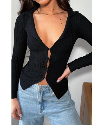 Women's Y2k Long Sleeve Going Out Shirts Slim Fit Knitted Crop Tops Open Front Button Down Knit Cardigan Sweaters Boutique Bl...