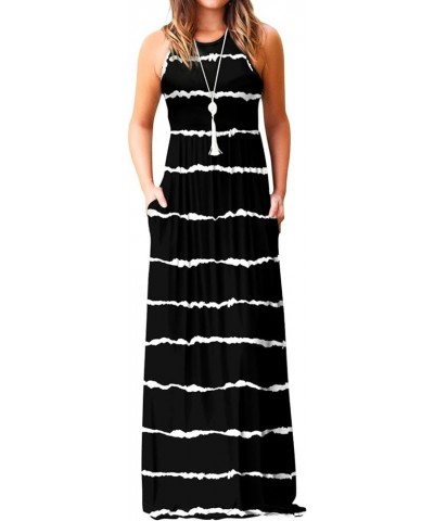 Women's Sleeveless Dress Casual Plain Loose Summer Vacation Long Maxi Dresses with Pockets 1-black Wave Striped $21.65 Others