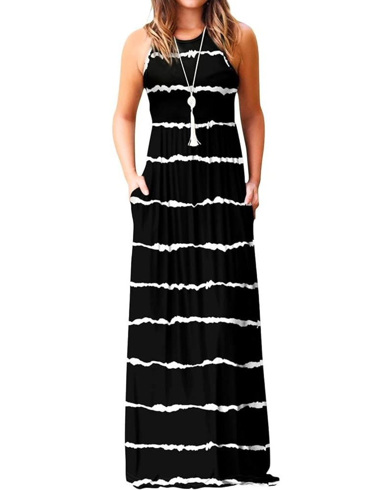 Women's Sleeveless Dress Casual Plain Loose Summer Vacation Long Maxi Dresses with Pockets 1-black Wave Striped $21.65 Others