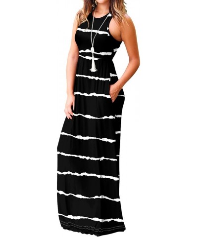 Women's Sleeveless Dress Casual Plain Loose Summer Vacation Long Maxi Dresses with Pockets 1-black Wave Striped $21.65 Others