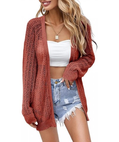 Women Crochet Lightweight Cardigan Cover Up Open Front Long Sleeve Summer Cardigans Rust $21.65 Sweaters