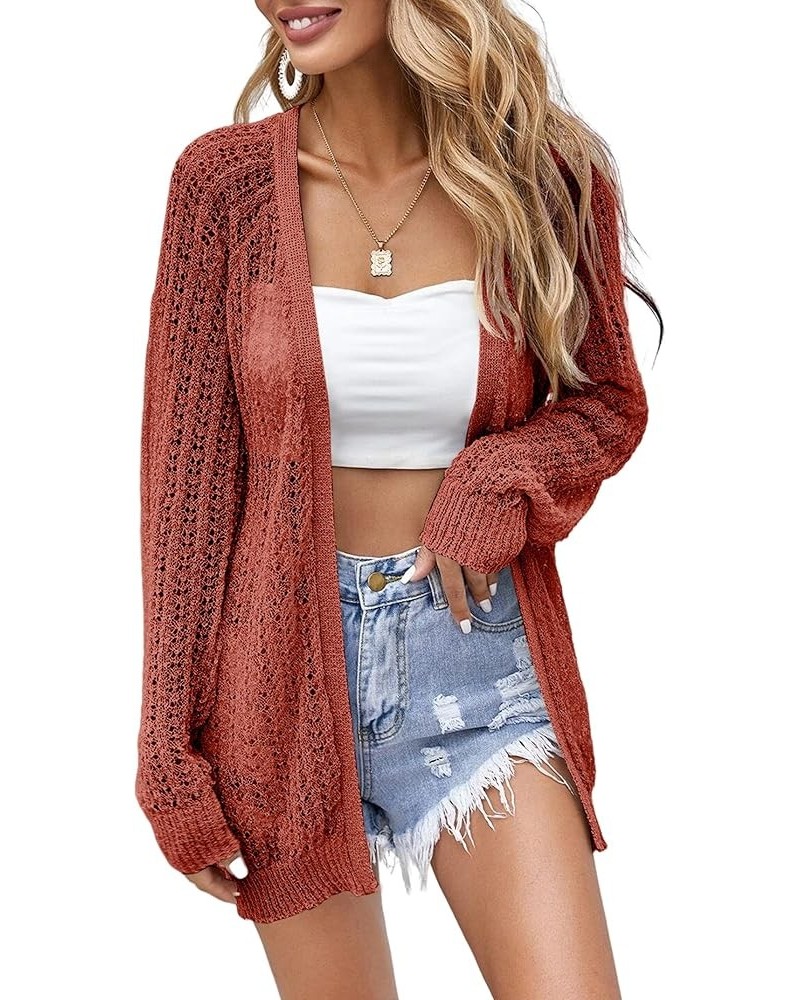 Women Crochet Lightweight Cardigan Cover Up Open Front Long Sleeve Summer Cardigans Rust $21.65 Sweaters