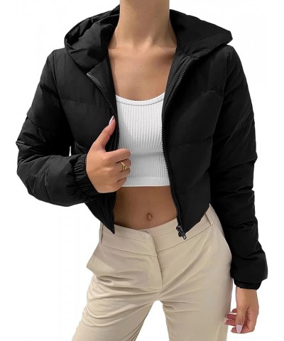 Womens Cropped Puffer Jacket Fashion Casual Hooded Zipper Long Sleeve Winter Warm Bubble Coat Black $15.75 Jackets