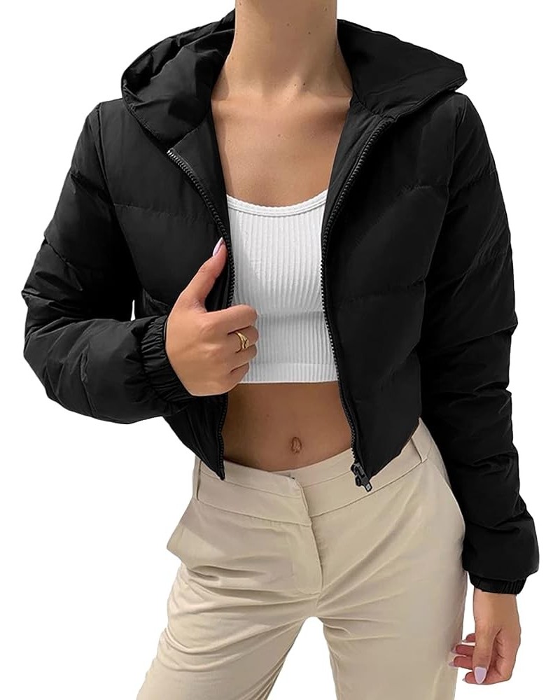 Womens Cropped Puffer Jacket Fashion Casual Hooded Zipper Long Sleeve Winter Warm Bubble Coat Black $15.75 Jackets