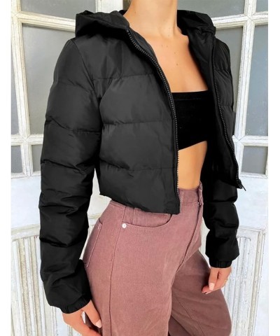 Womens Cropped Puffer Jacket Fashion Casual Hooded Zipper Long Sleeve Winter Warm Bubble Coat Black $15.75 Jackets